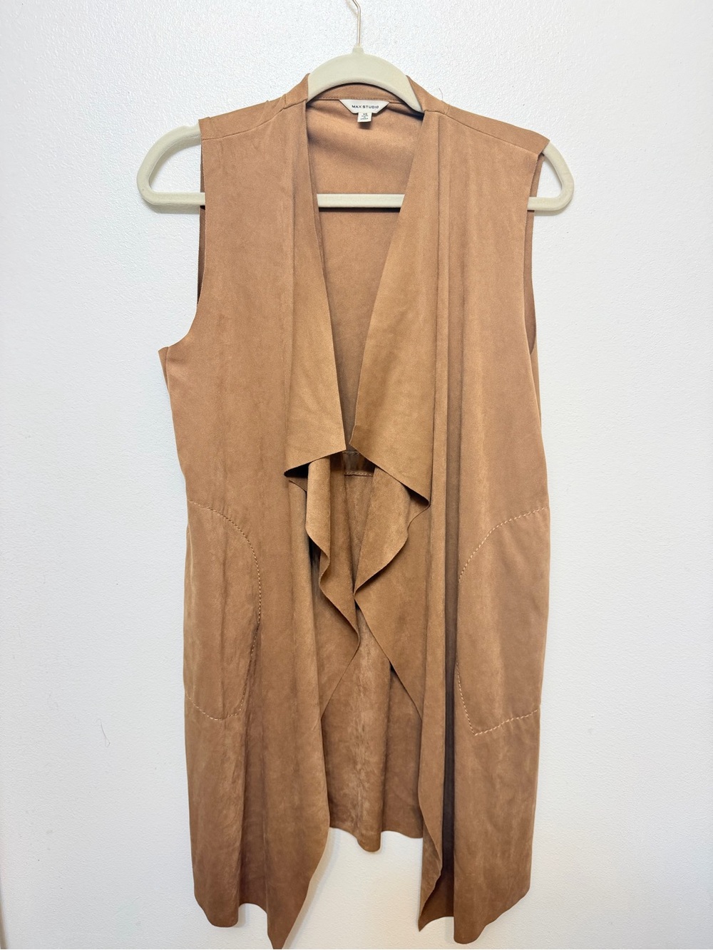 Max Studio Tan Suede Draped Sleeveless Vest - Picture 1 of 3